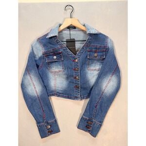 Sumwon Cropped Streetwear Denim Jacket Medium Wash Red Stitching Womens Size‎ M